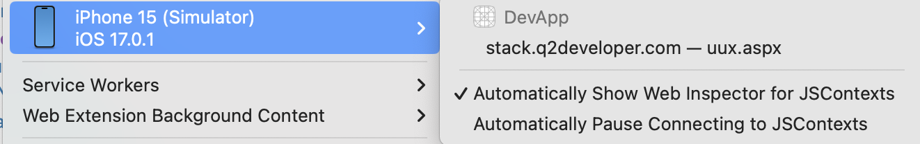 Safari DevApp Inspect Option